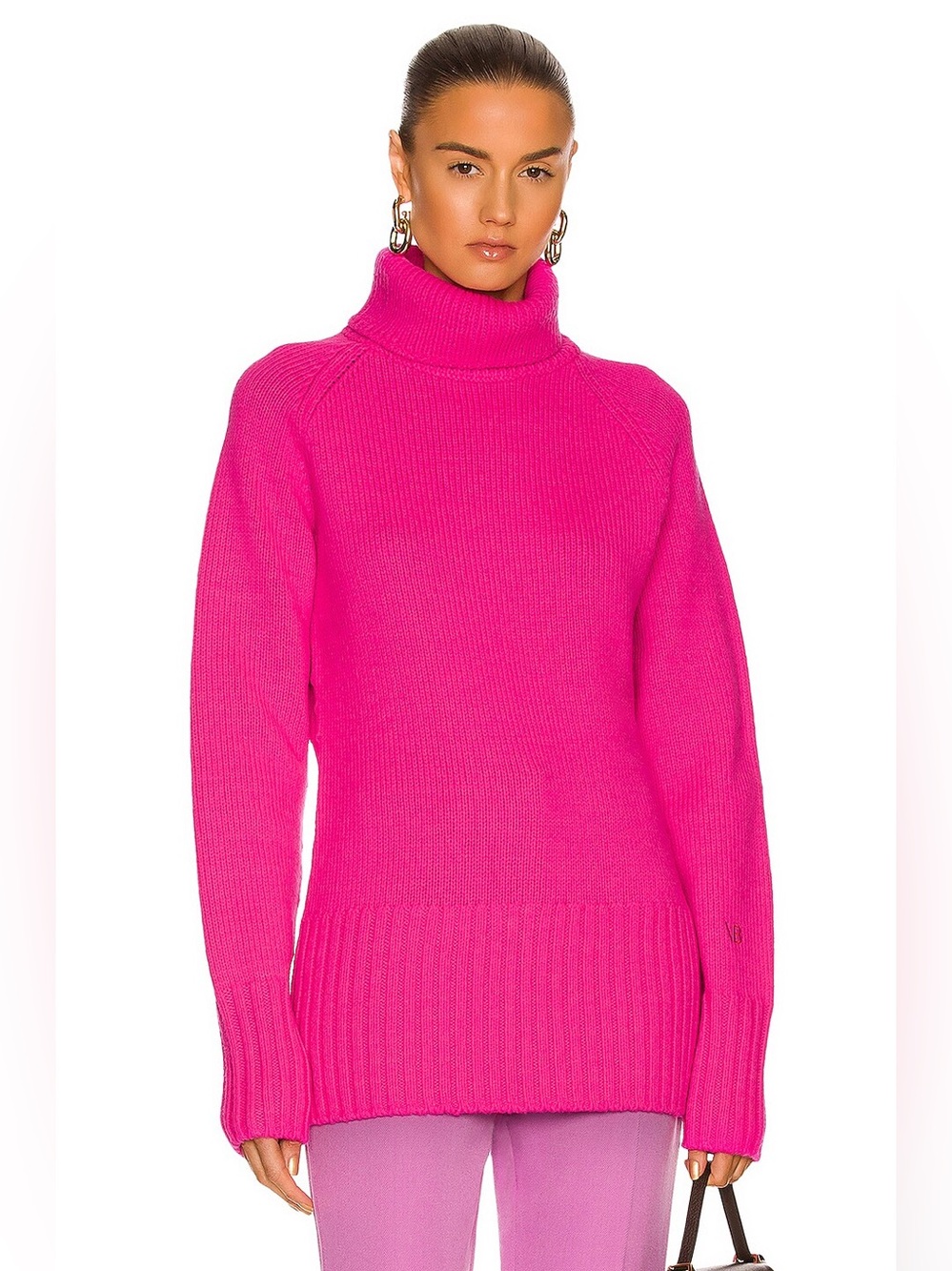 Victoria Beckham High Neck Long Sweater in Fuchsia 100% wool S